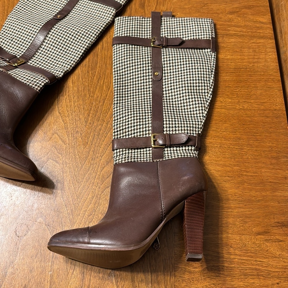 Tommy Hilfiger Frita Brown Leather Houndstooth High Block Heels Tall Boots 8 - Picture 5 of 15